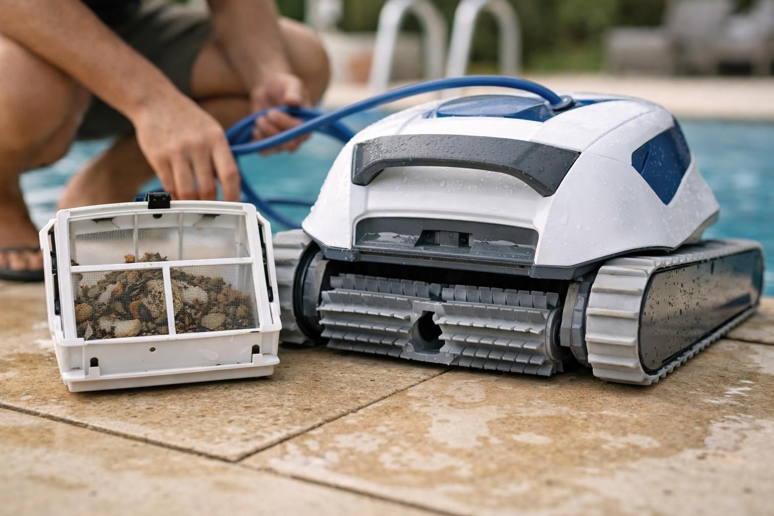Robotic pool cleaner beside debris filter basket on deck