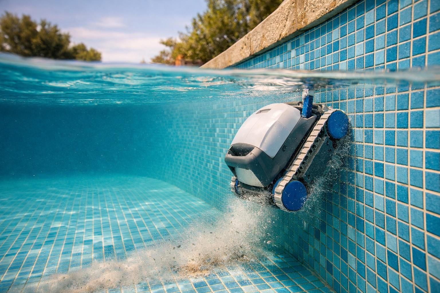 Robotic pool cleaner scrubbing blue tiled wall underwater