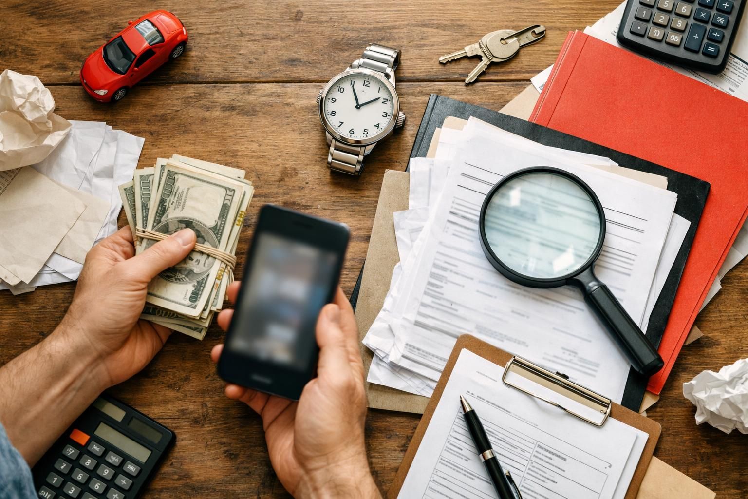 Hands holding cash and phone beside paperwork and magnifier