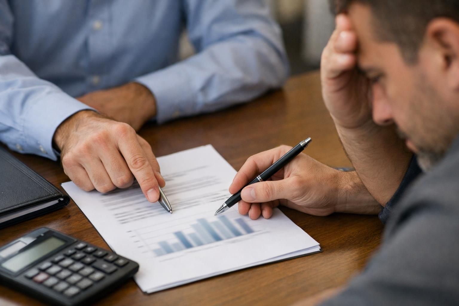 Two men reviewing financial report with pens at desk