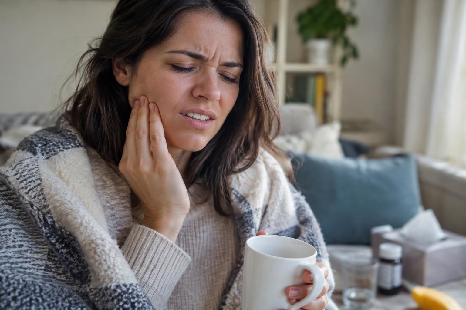 Woman clutching her cheek while holding a mug indoors