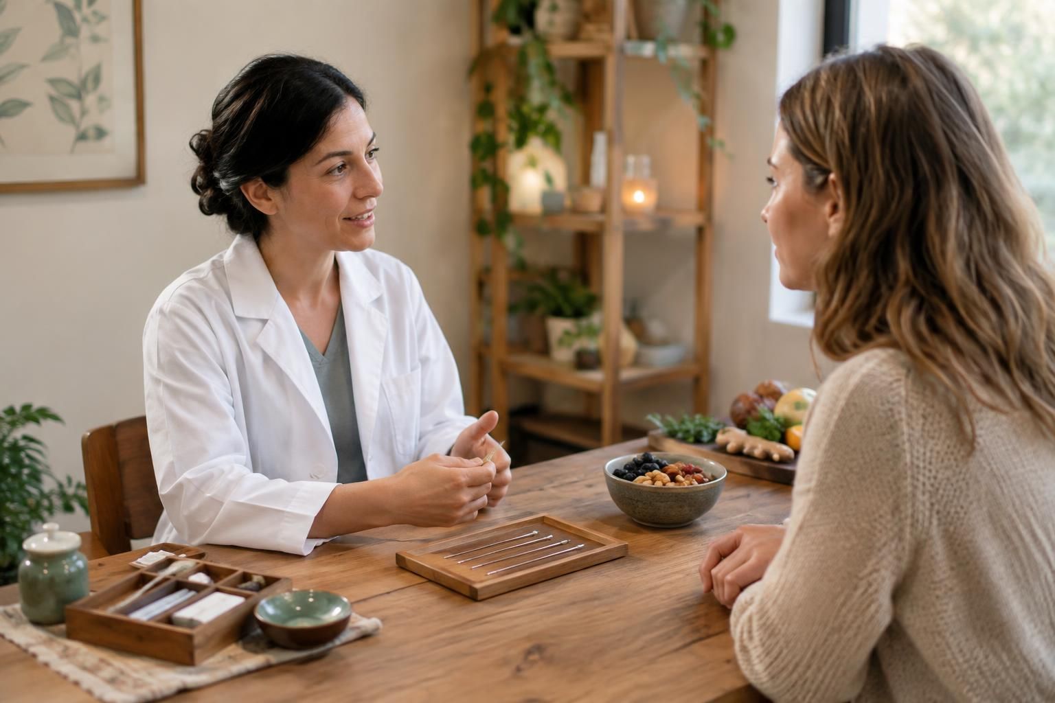 Practitioner talks with patient beside acupuncture needles and food bowl