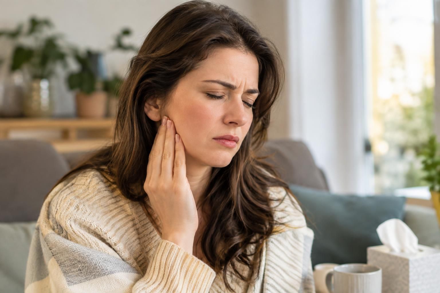 Woman holds her cheek with eyes closed on a couch