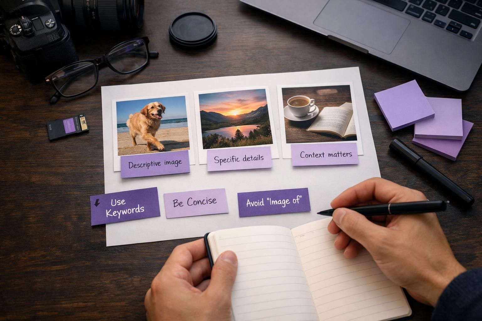 Hands writing notes beside photos and purple sticky notes