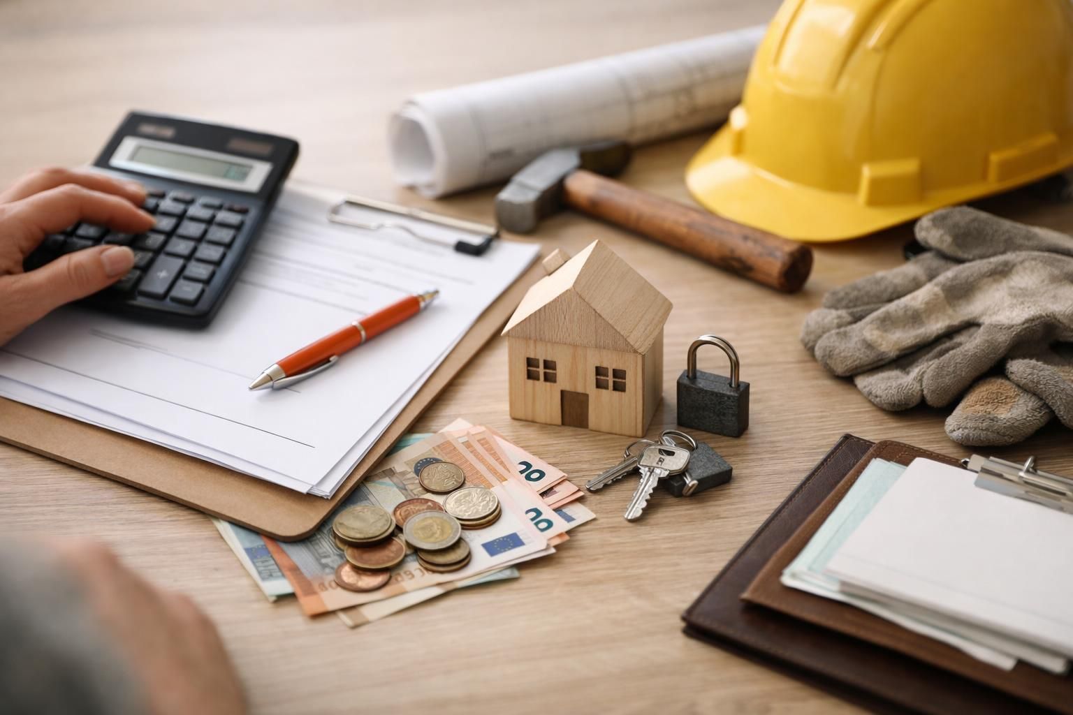 Calculator, clipboard, house model, keys, cash, hard hat
