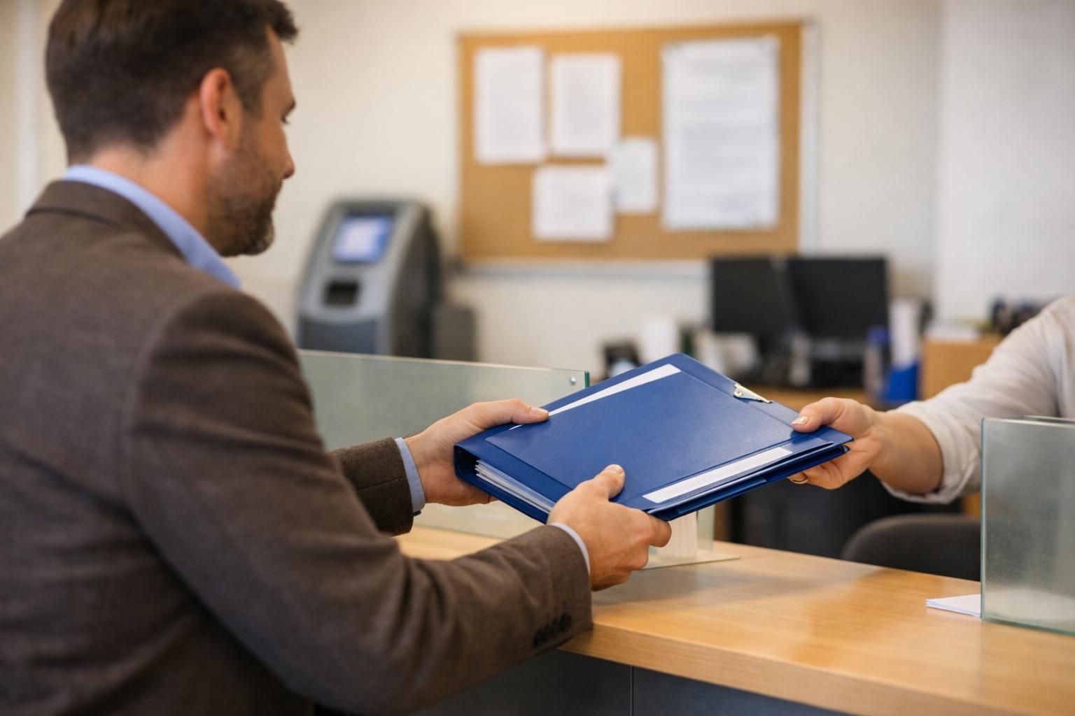 Man in suit handing blue folder across office counter