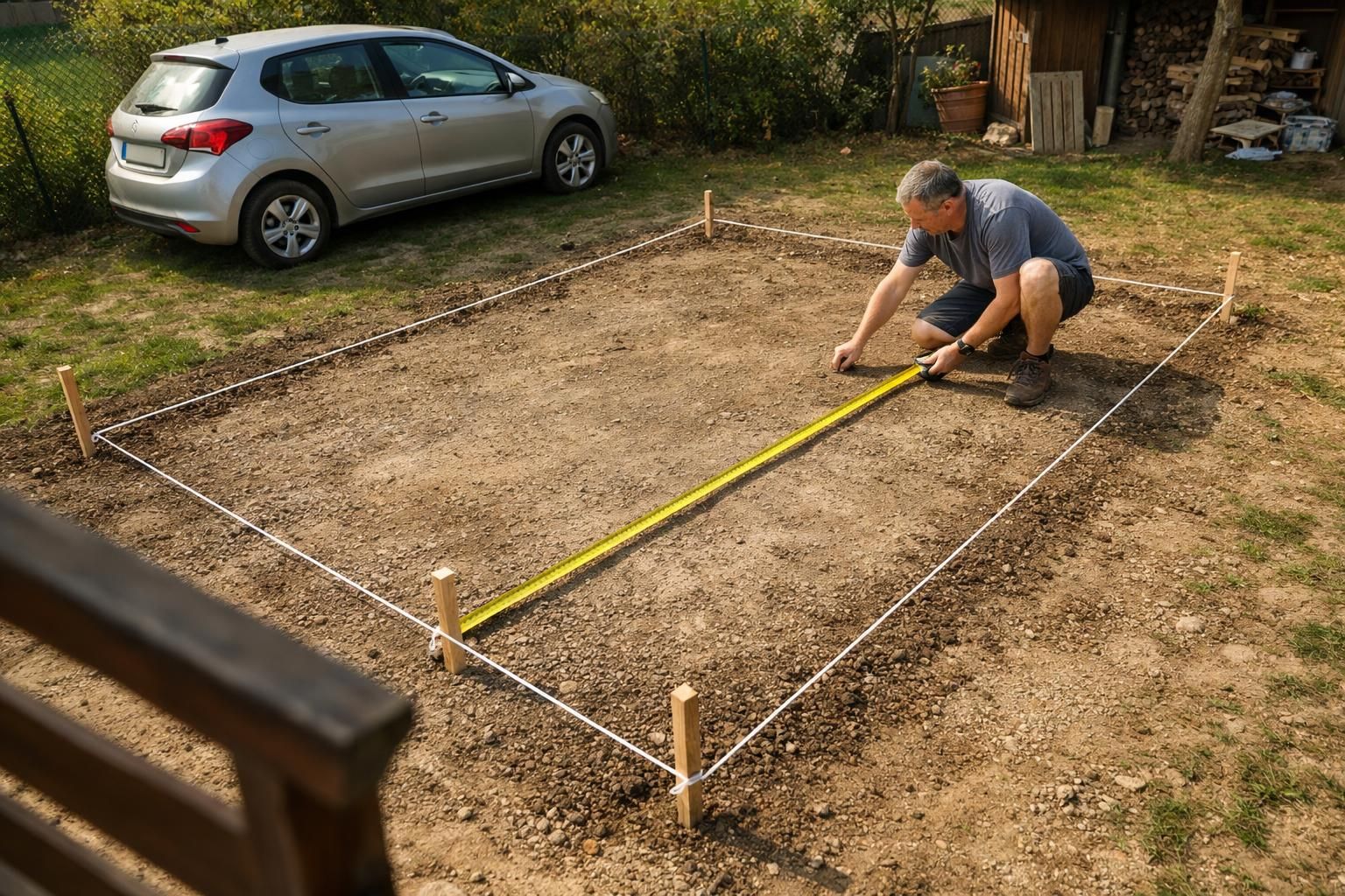 Man measuring staked dirt rectangle with yellow tape measure