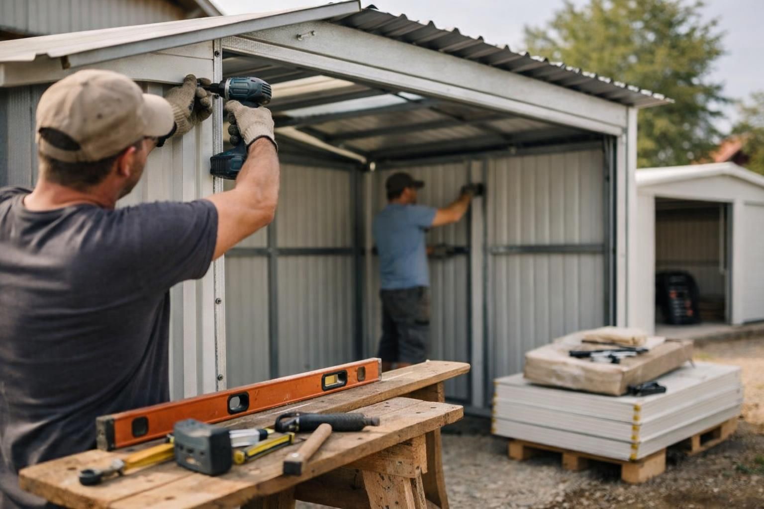 Worker drilling metal frame while assembling gray shed