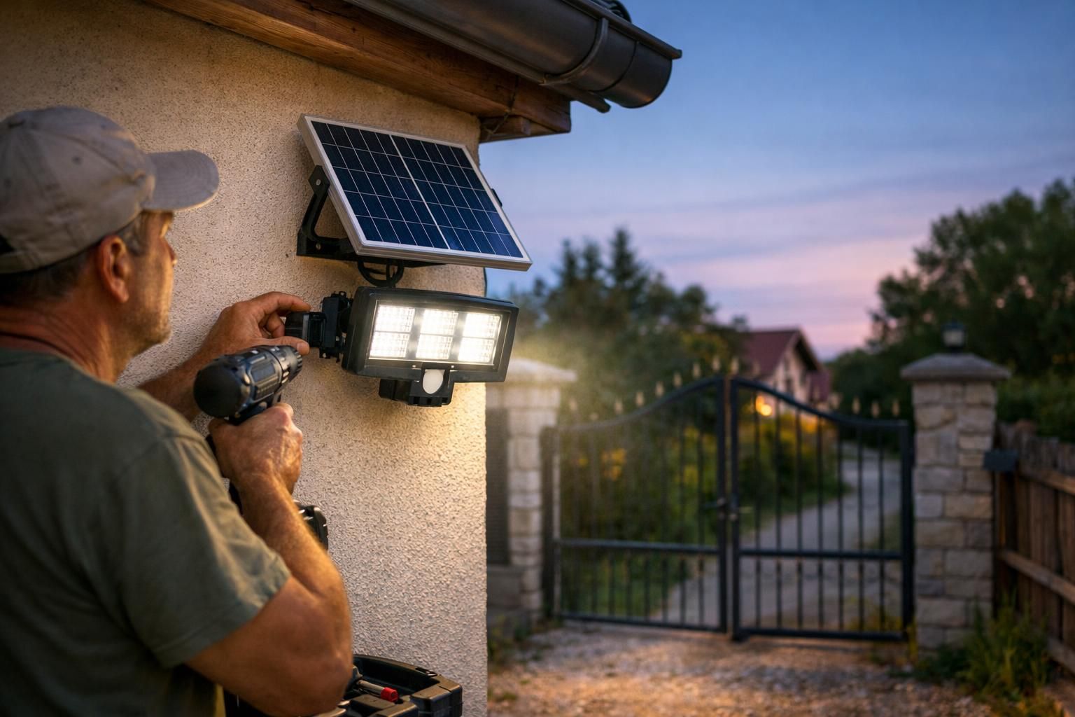 Man installing solar LED security light on wall