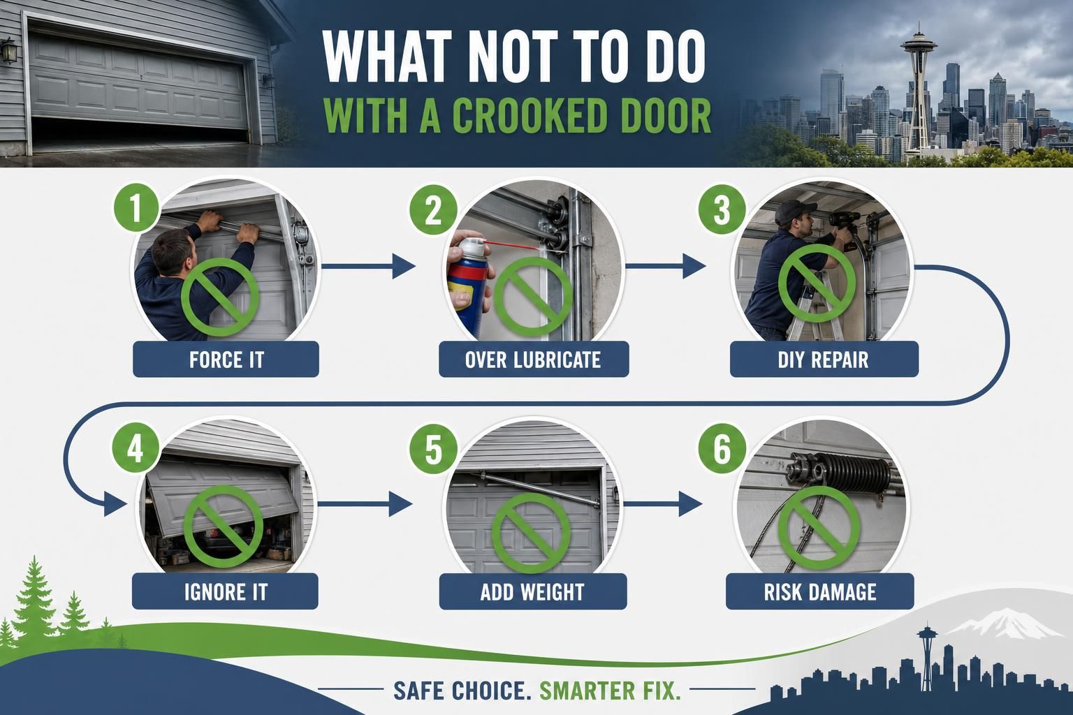 Infographic lists six mistakes with crooked garage doors and tracks