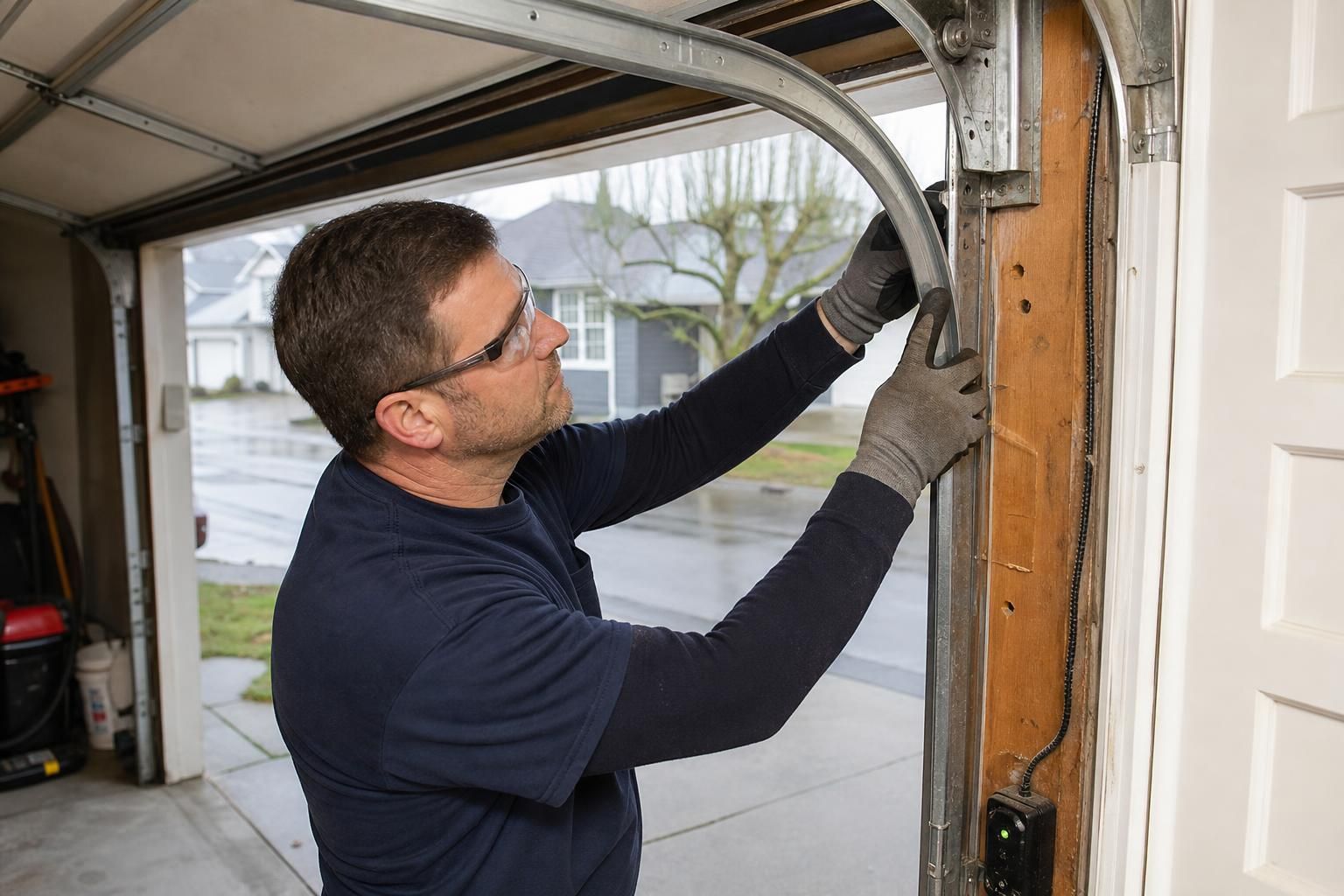 Technician adjusts curved garage door track with gloved hands