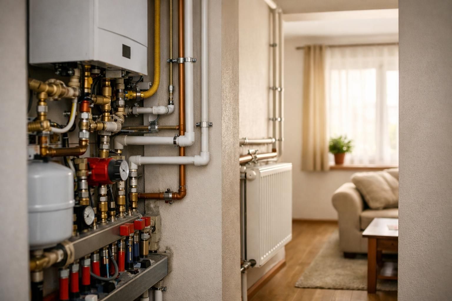 Boiler pipes and valves beside radiator in living room