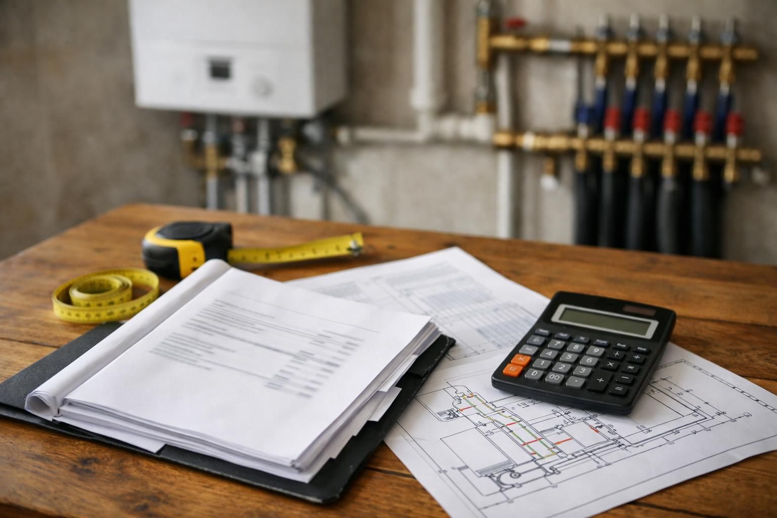 Calculator, measuring tape, and plumbing plans on wooden table