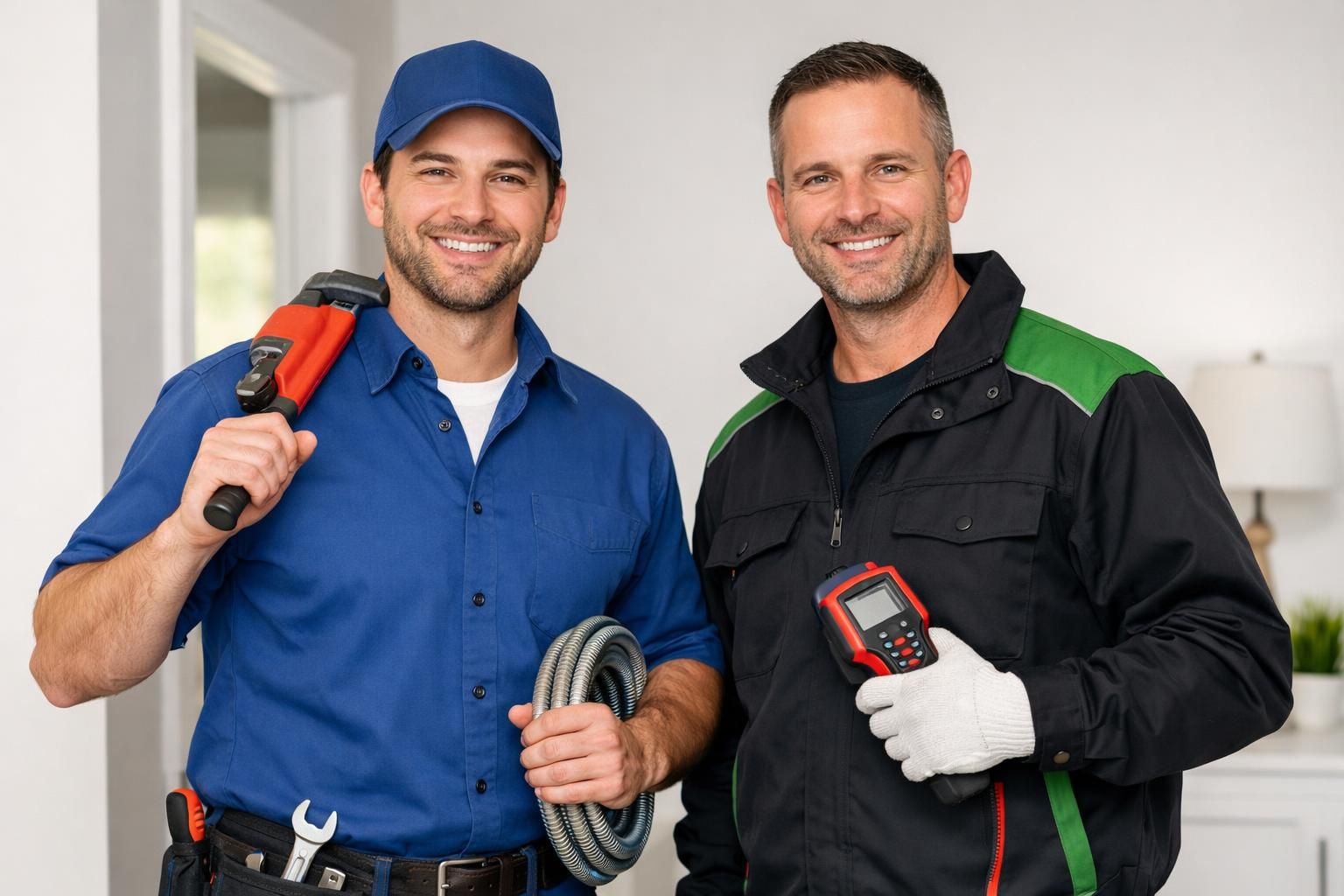 Two smiling technicians holding tools and coiled hose