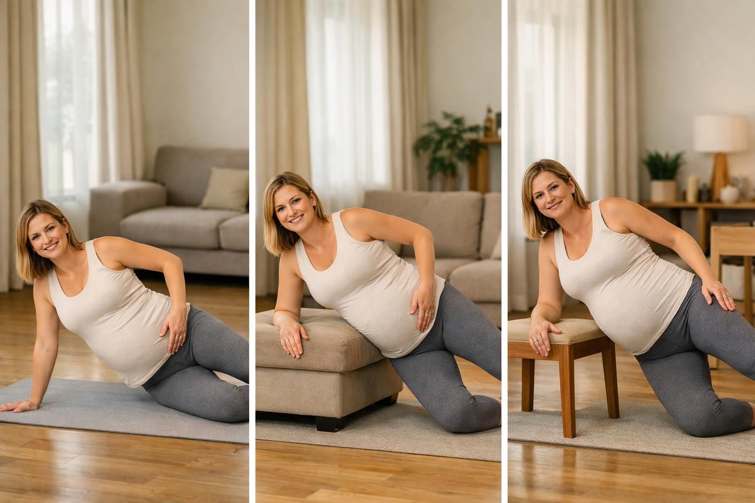 Pregnant woman doing side plank using sofa and chair