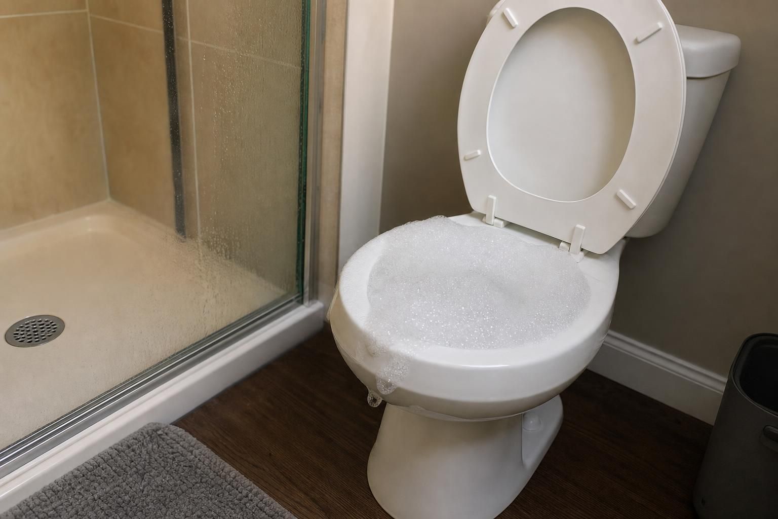 Toilet bowl overflowing with foam beside glass shower door