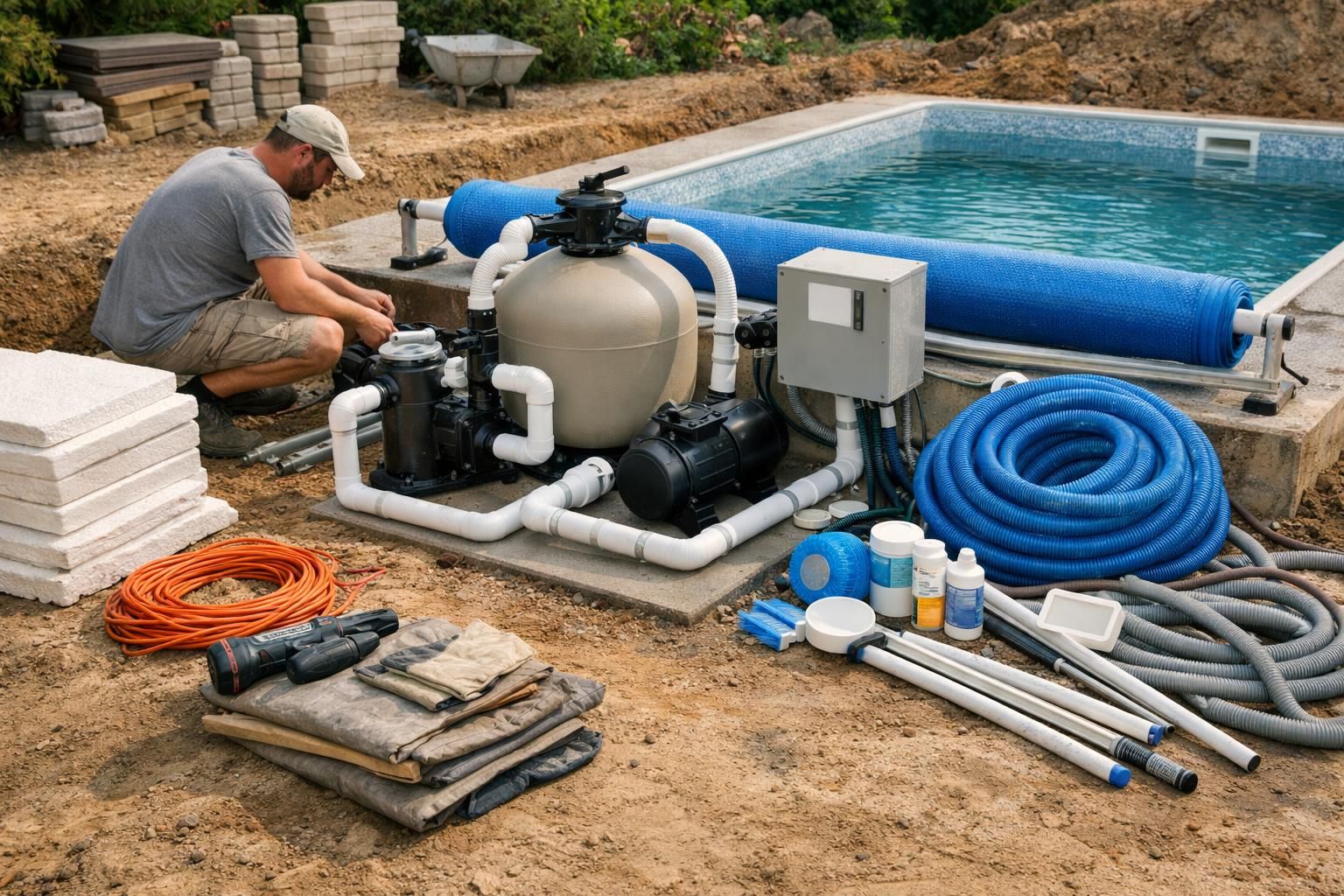 Worker installing pool pump and filter beside swimming pool