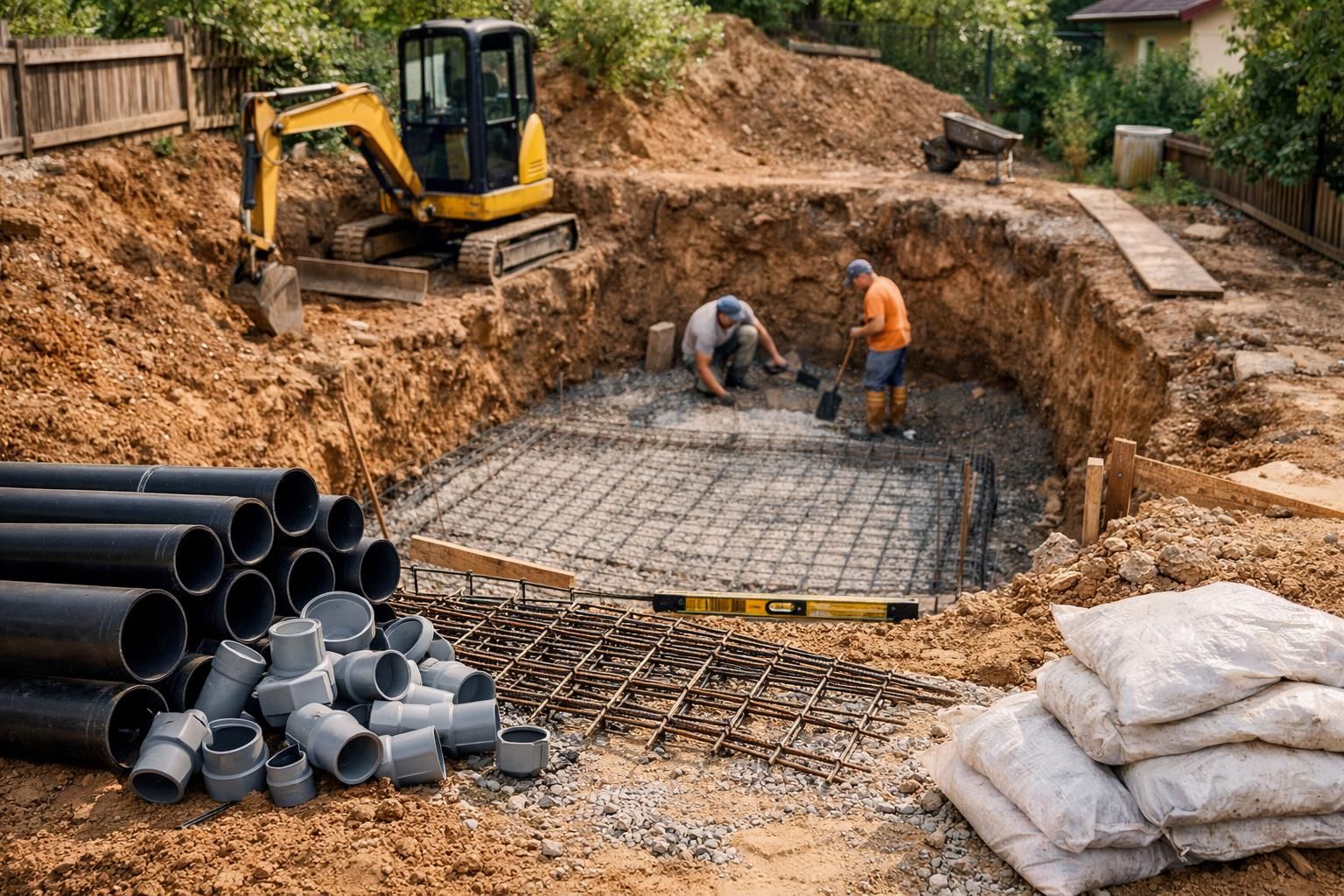 Workers install rebar grid in excavation beside excavator