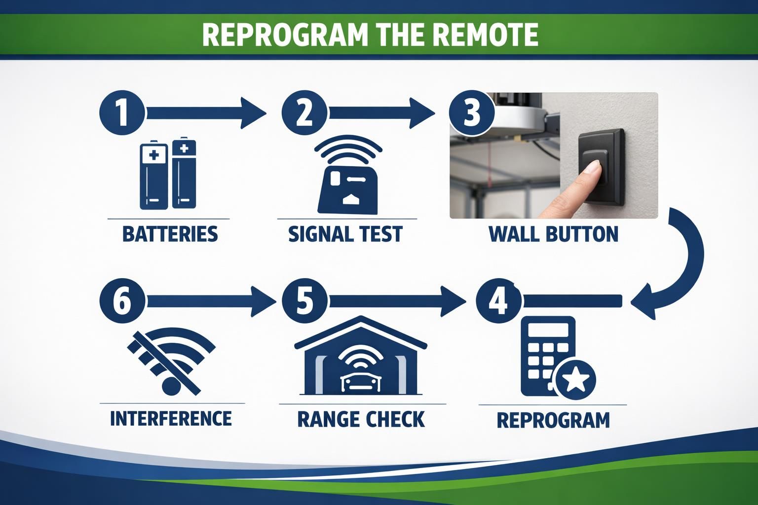 Garage remote reprogramming steps with icons and wall button
