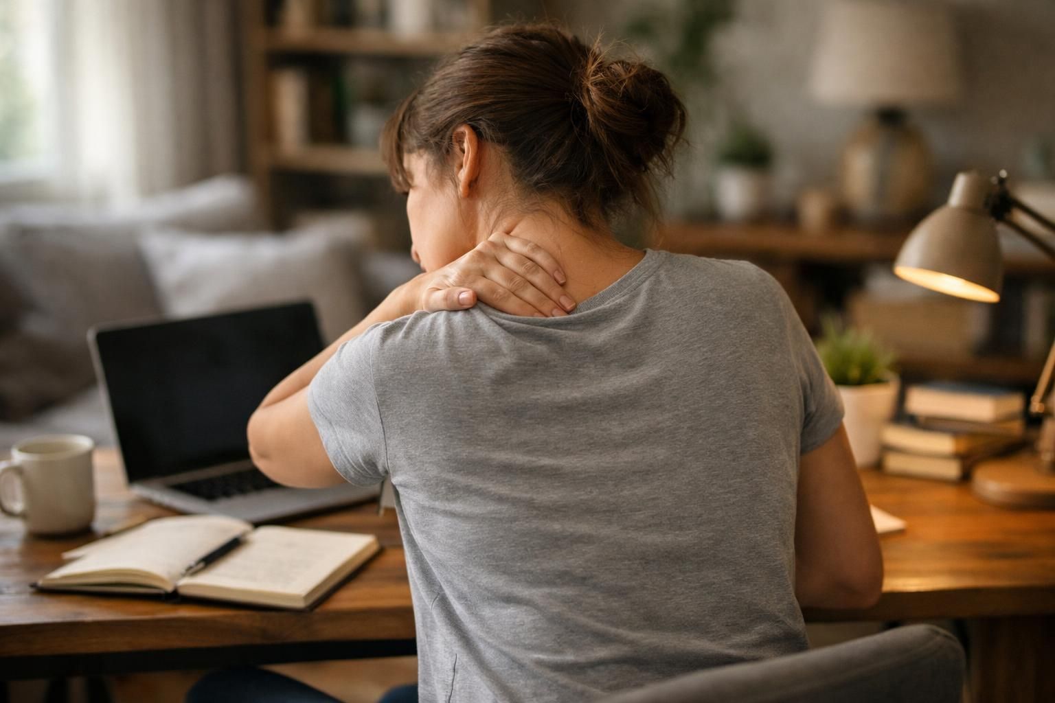 Woman holding neck while sitting at desk with laptop