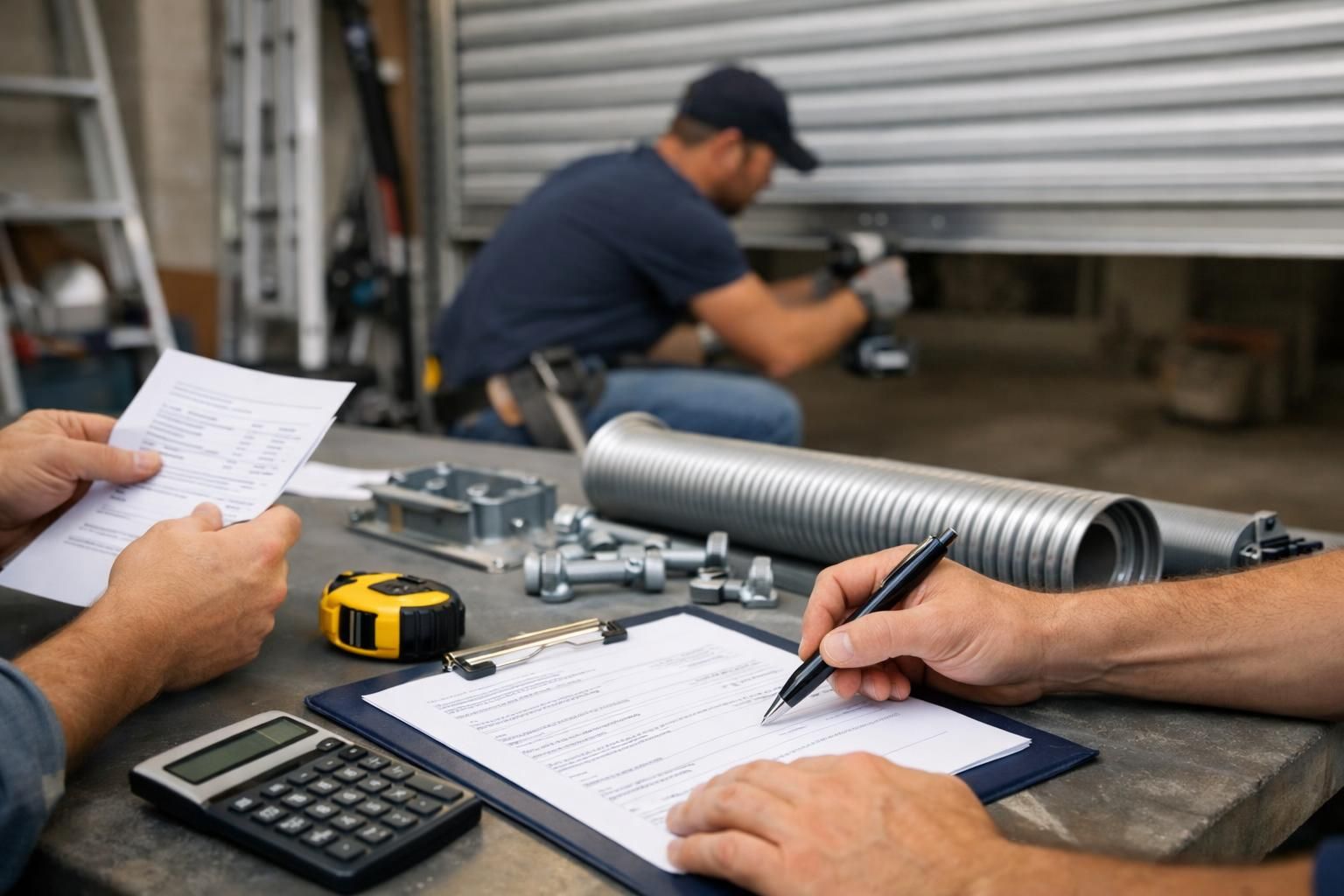 Hands filling repair form while technician fixes garage door