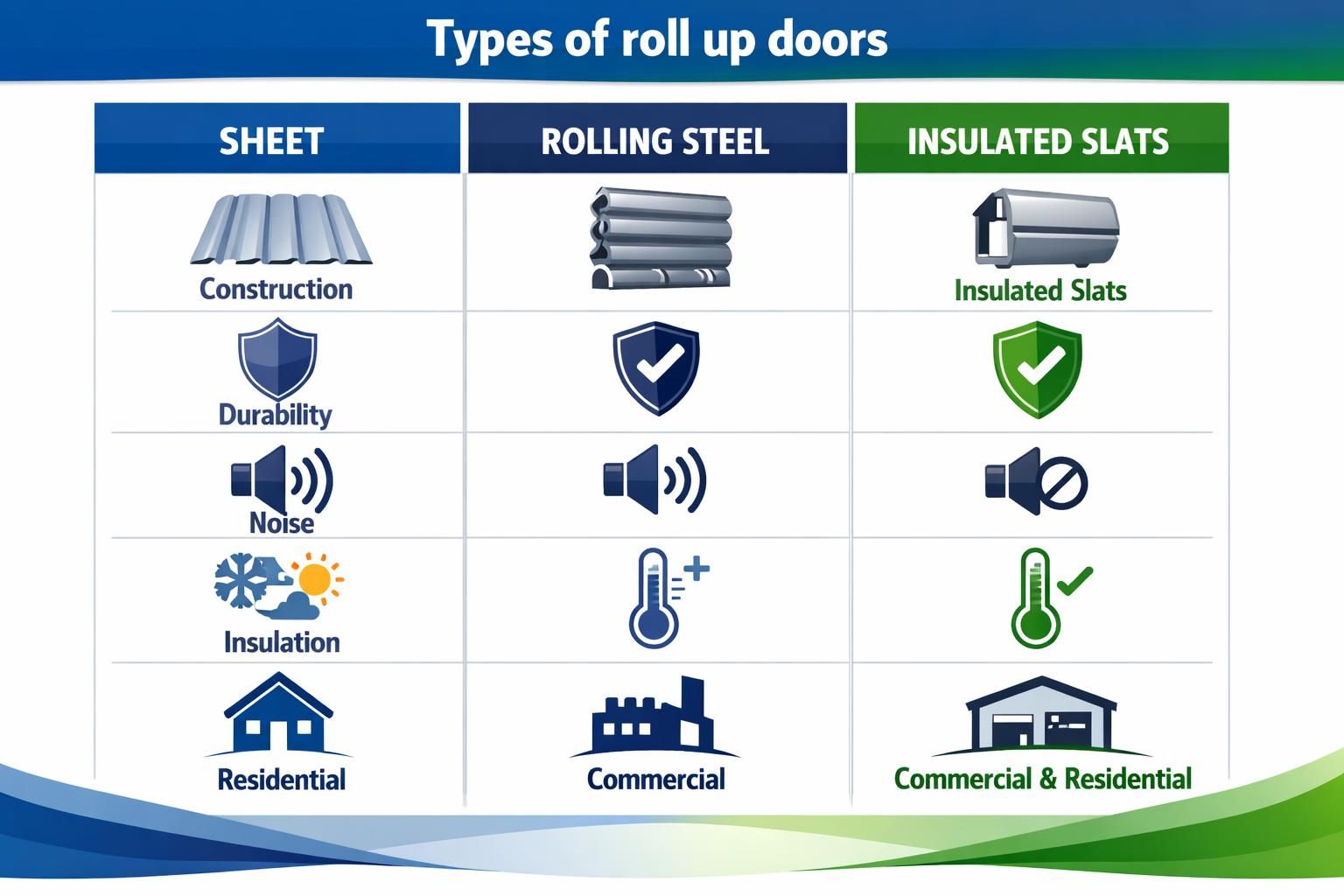 Chart comparing sheet, rolling steel, and insulated slat doors