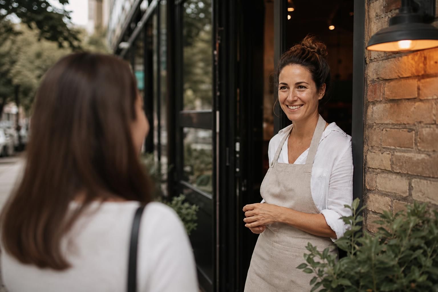 Nasmejana konobarica dočekuje gošću na ulazu restorana