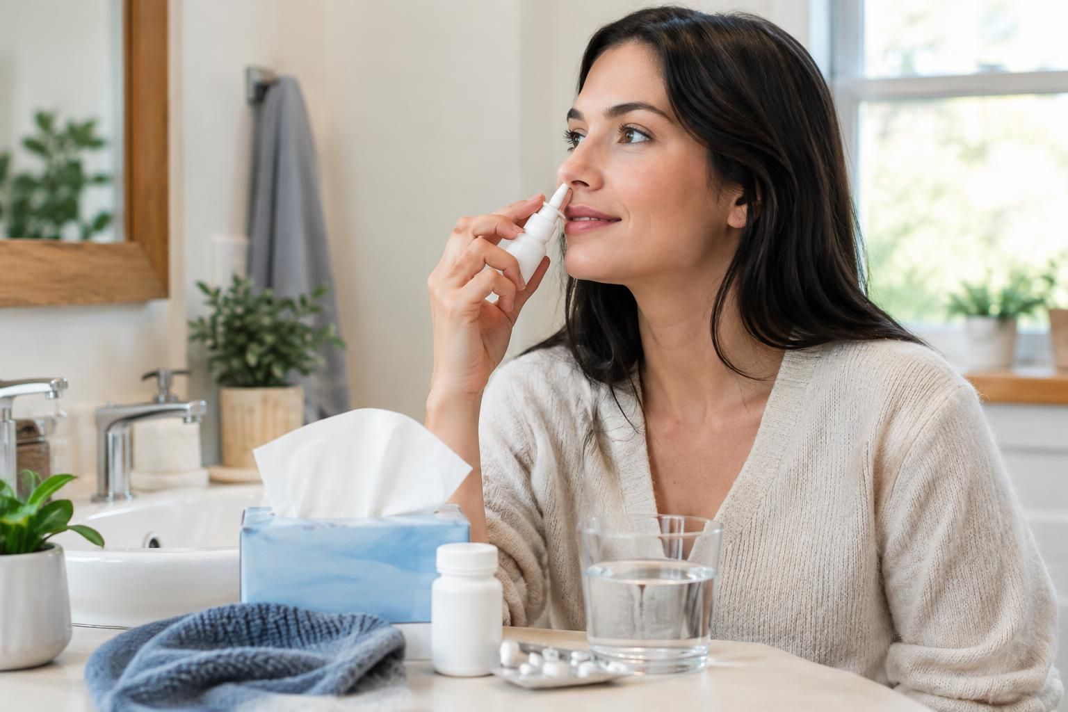Woman uses a nasal spray beside tissues and water