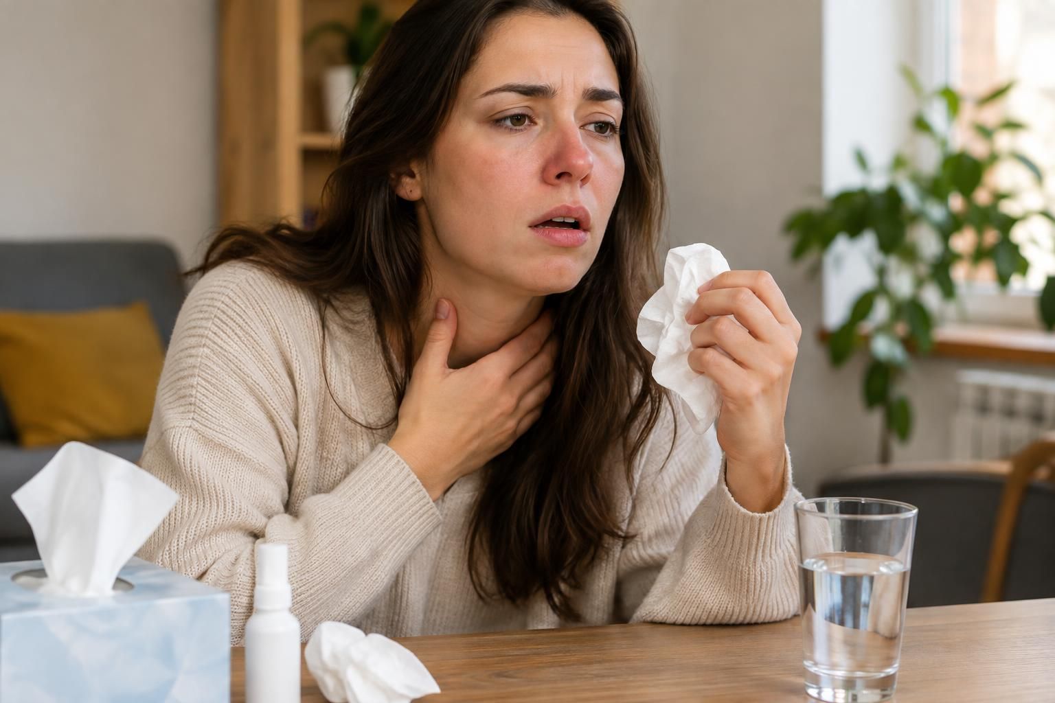Woman with tissue, throat pain, and glass of water