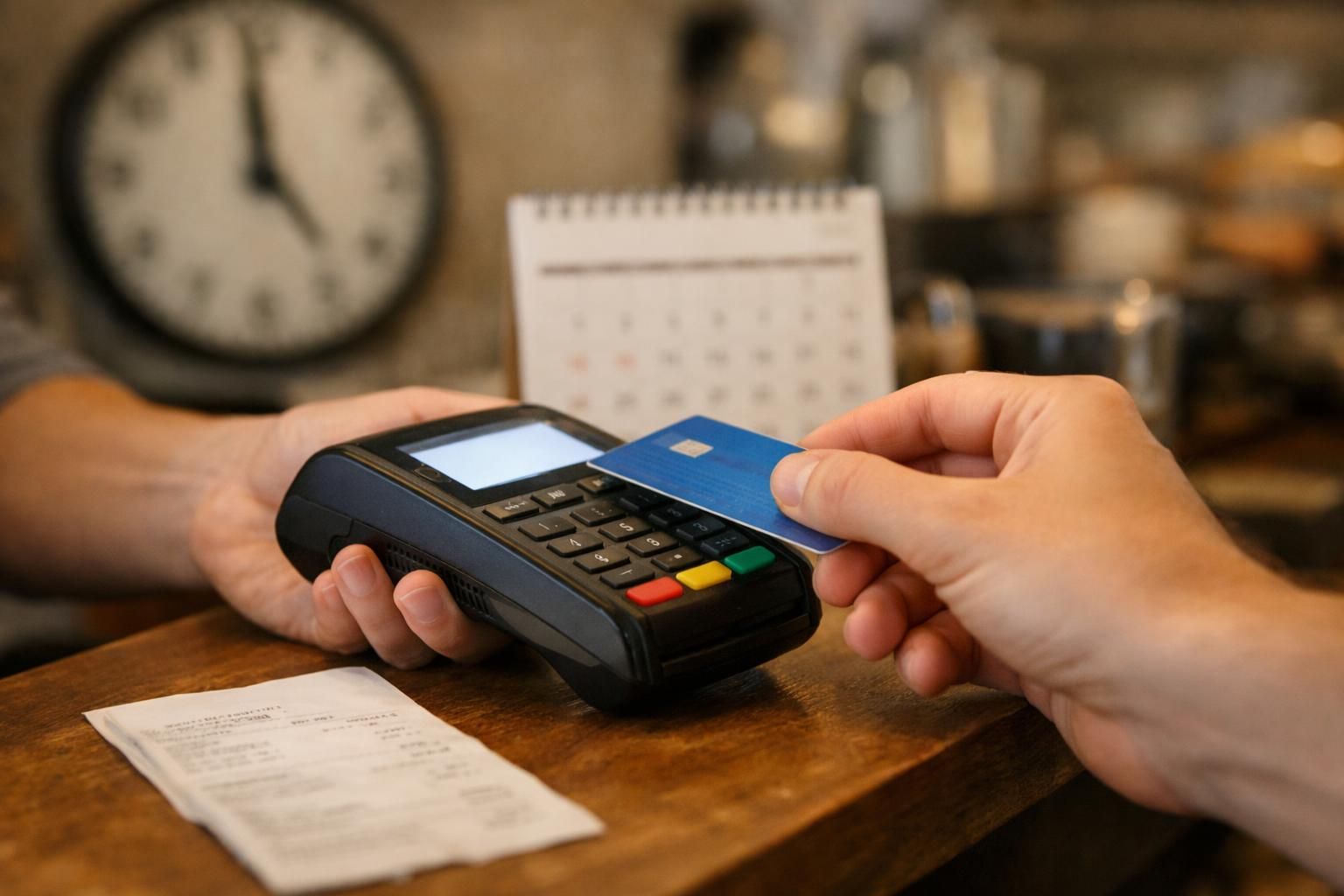 Hand holding blue card near payment terminal on counter