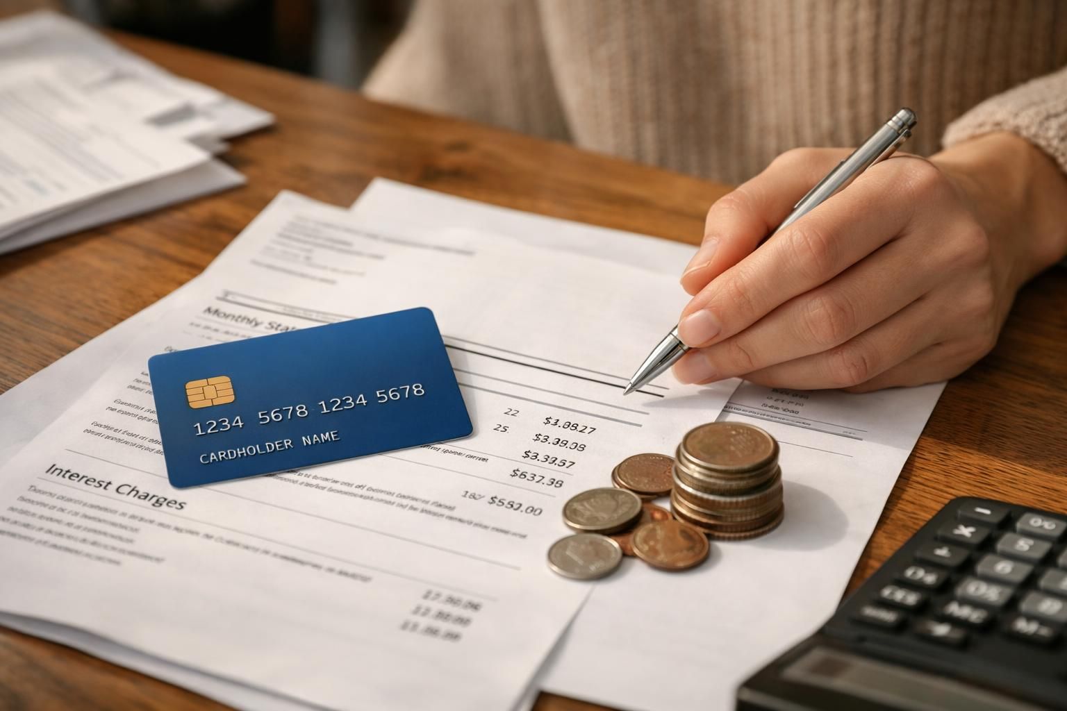 Hand signing bill beside blue credit card and coins