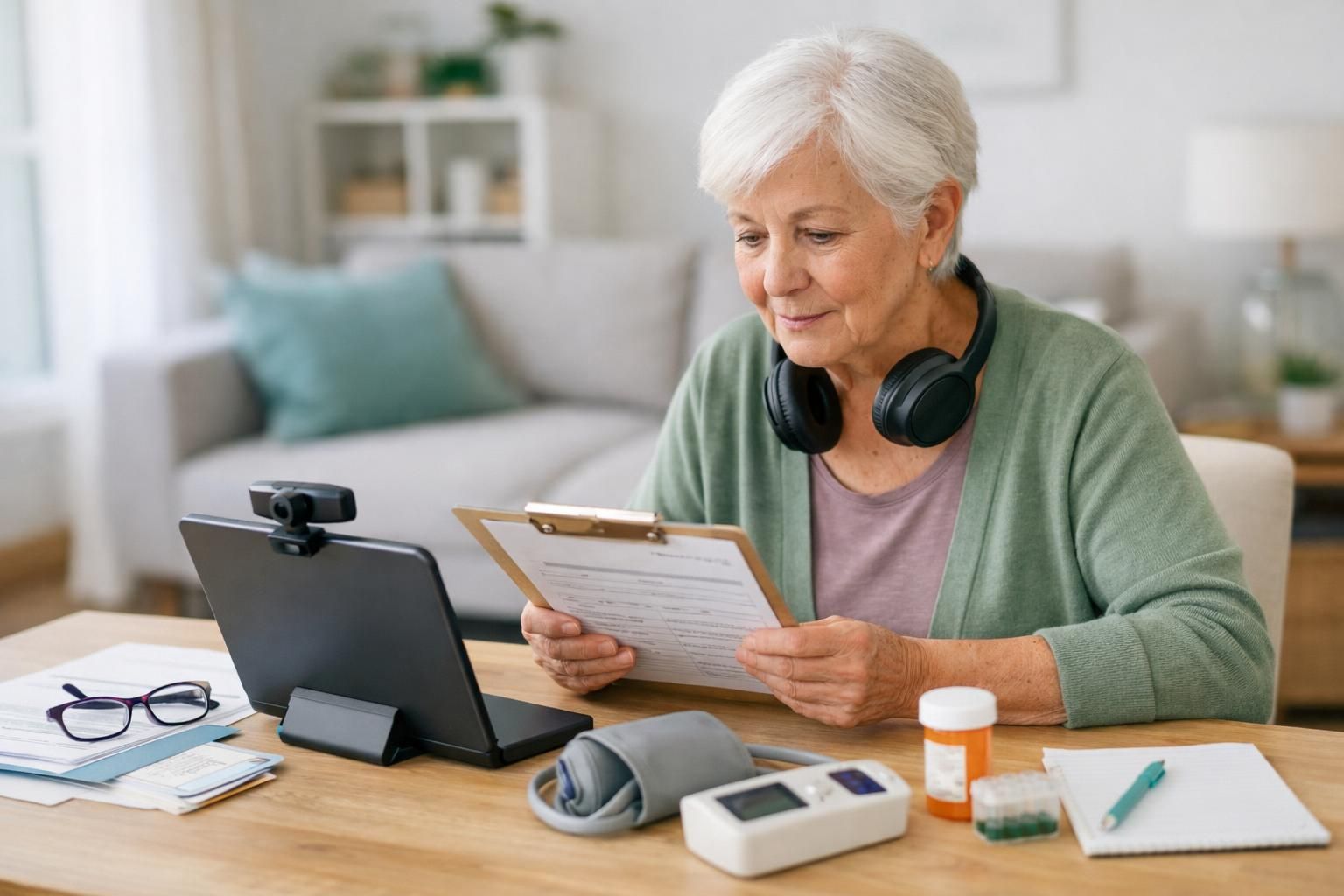 Older woman reviews form beside tablet and medicine bottles