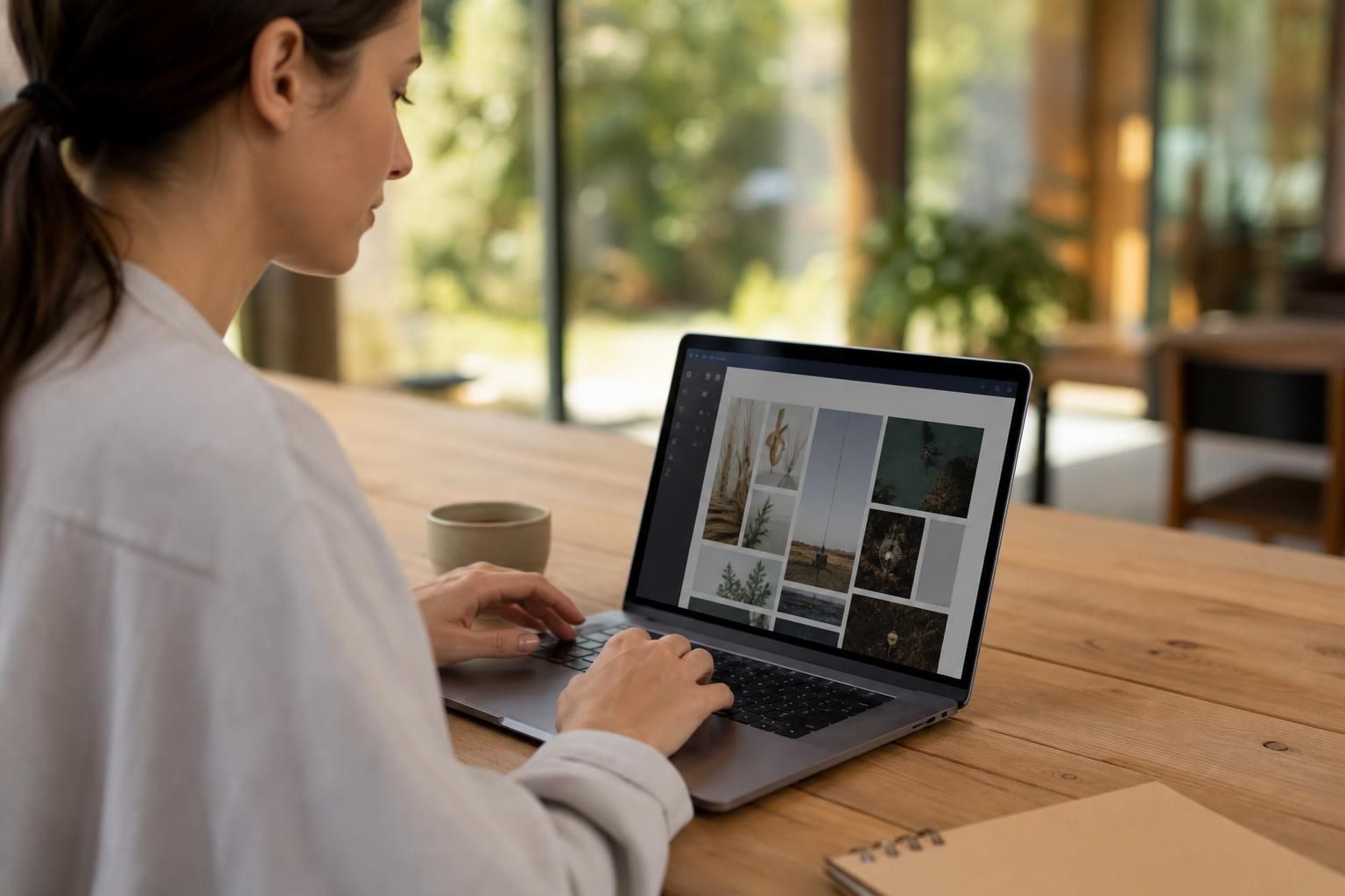 Žena uređuje galeriju slika na laptopu za drvenim stolom