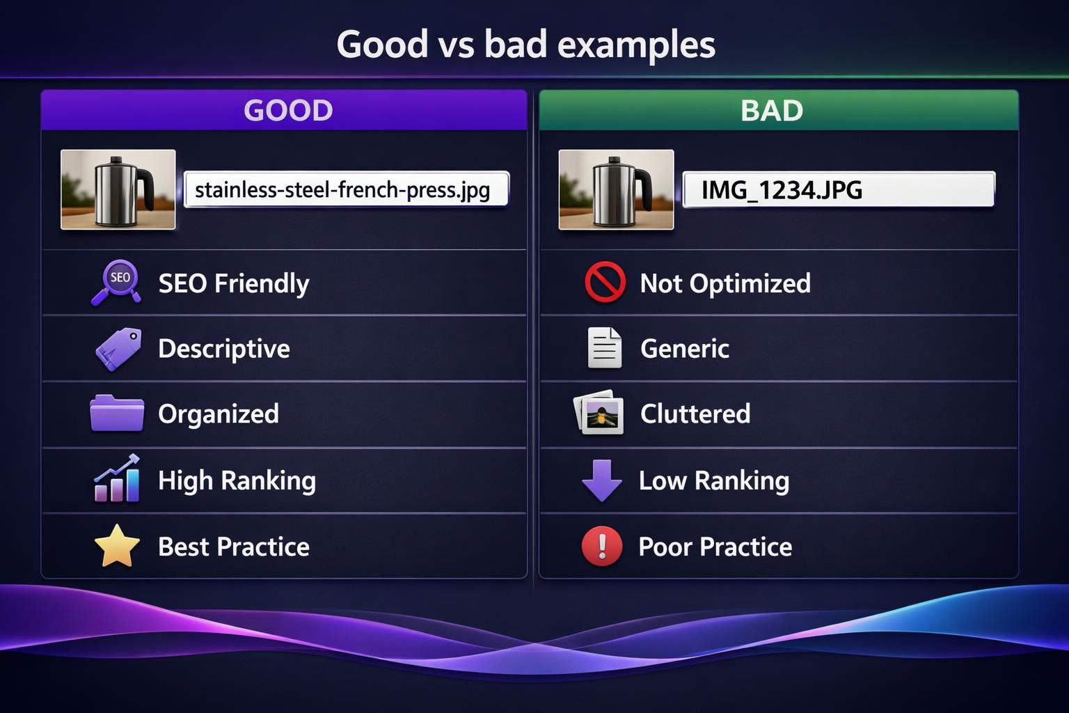 Good versus bad image filename examples with icons