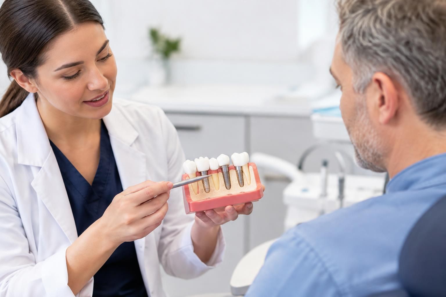 Dentist showing a dental implant model to a patient