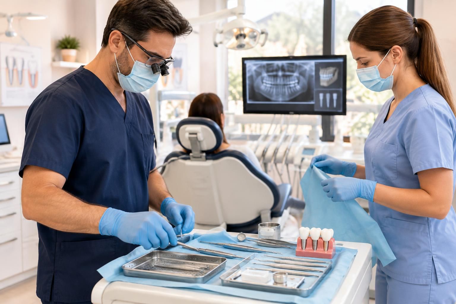 Dentists prepare tools beside a patient and jaw scan