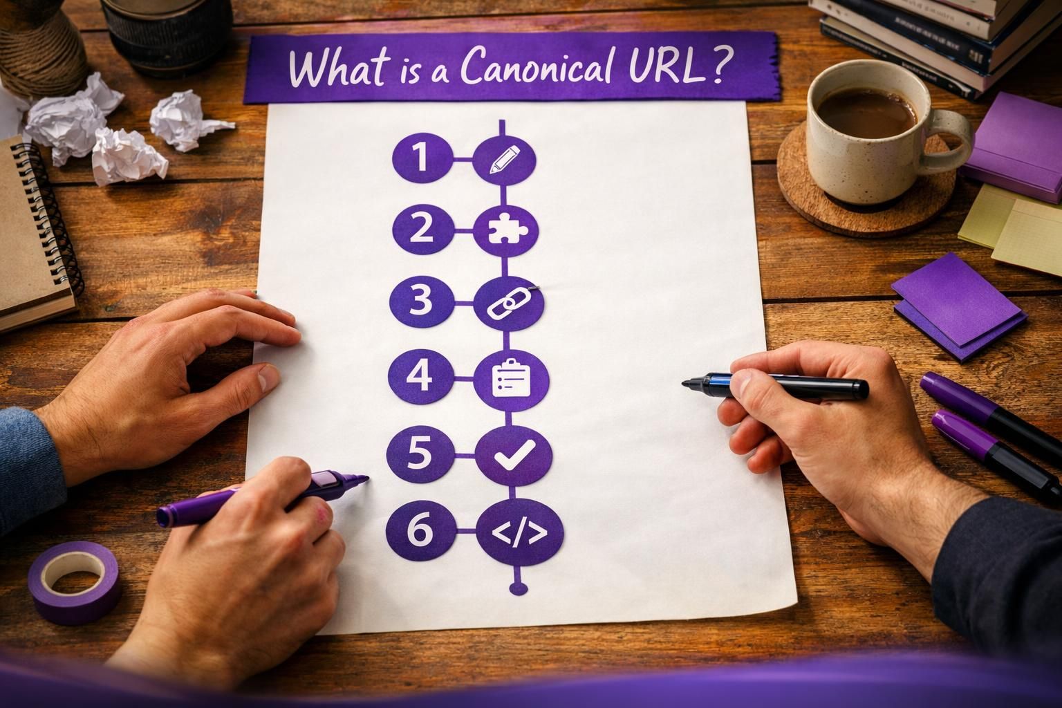 Hands holding markers over canonical URL checklist poster