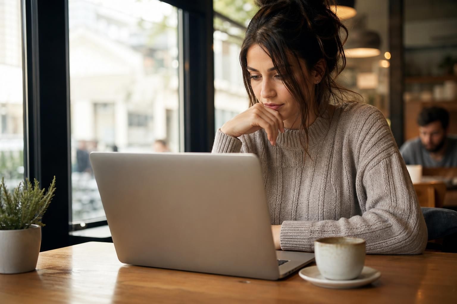 Woman studies laptop beside coffee cup and plant in cafe