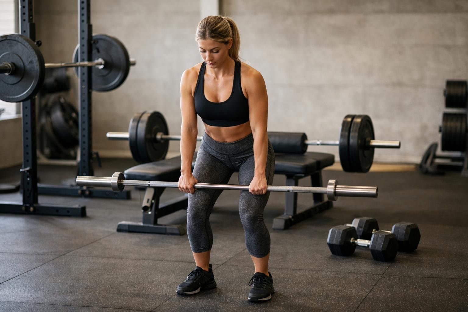 Woman in gym lifting barbell, wearing black sports bra