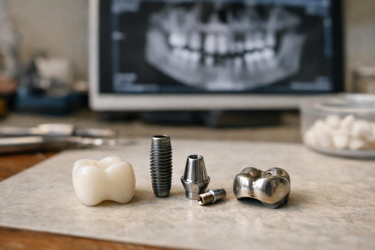 Dental implant parts and crown on table, xray screen behind