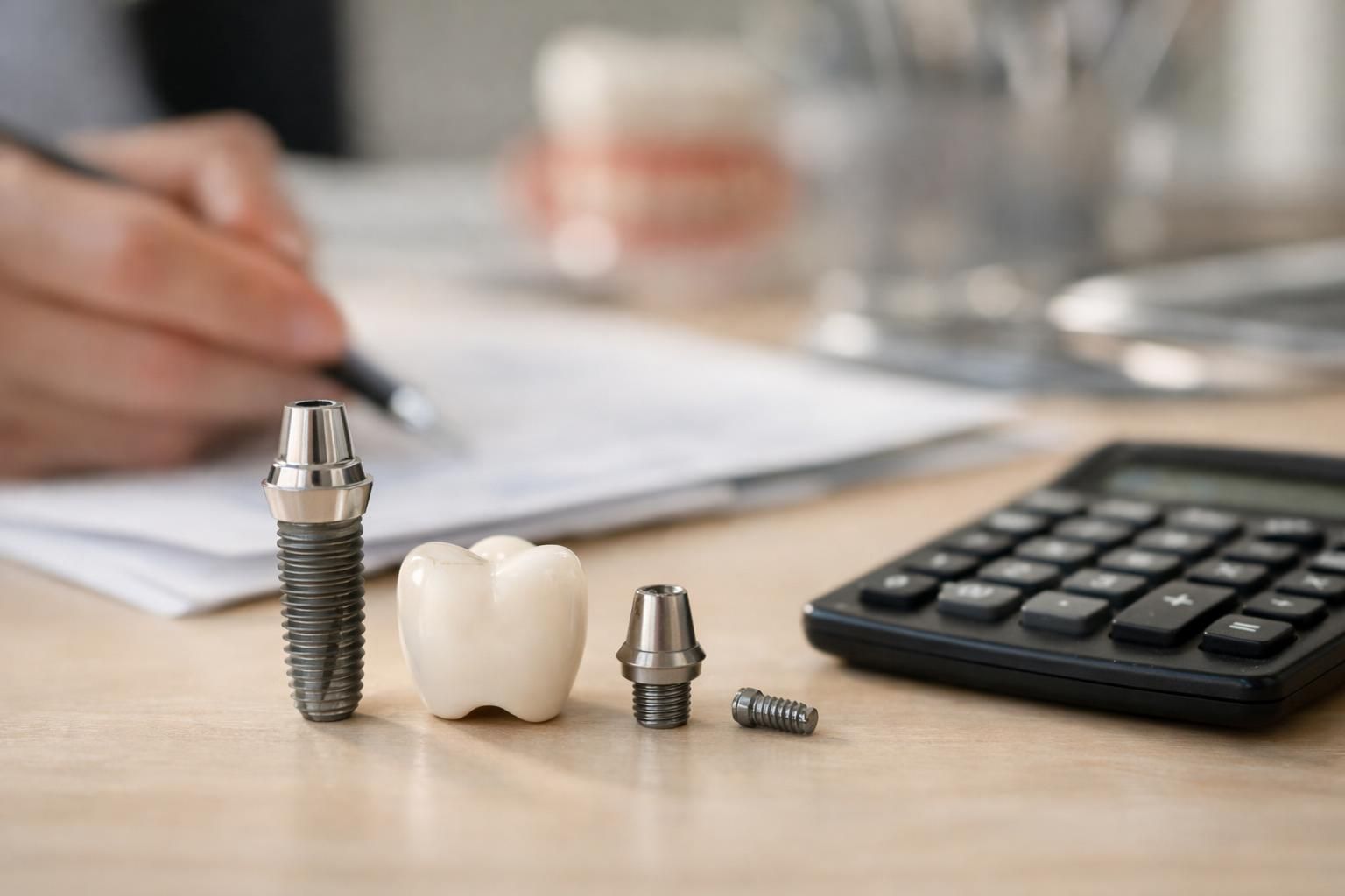 Dental implant parts and tooth model beside calculator